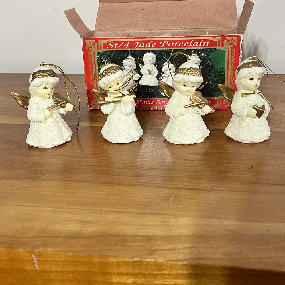 Lincolnshire Collection Jade Porcelain Golden Angel Christmas Ornaments Set of 4